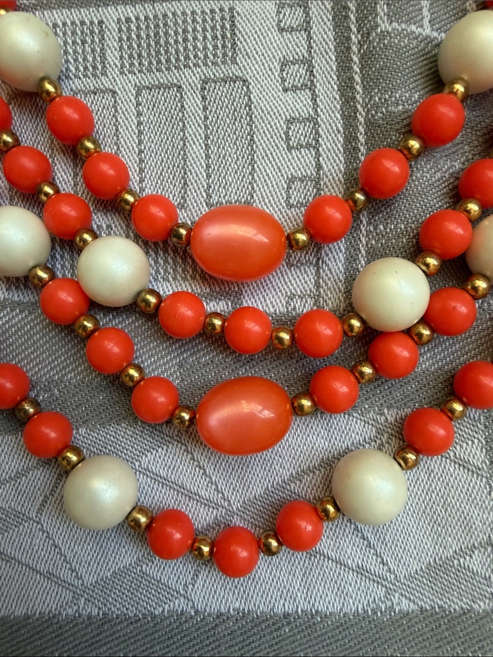 Multi-Strand Coral and Cream Bead Statement Necklace - Picture 3 of 3